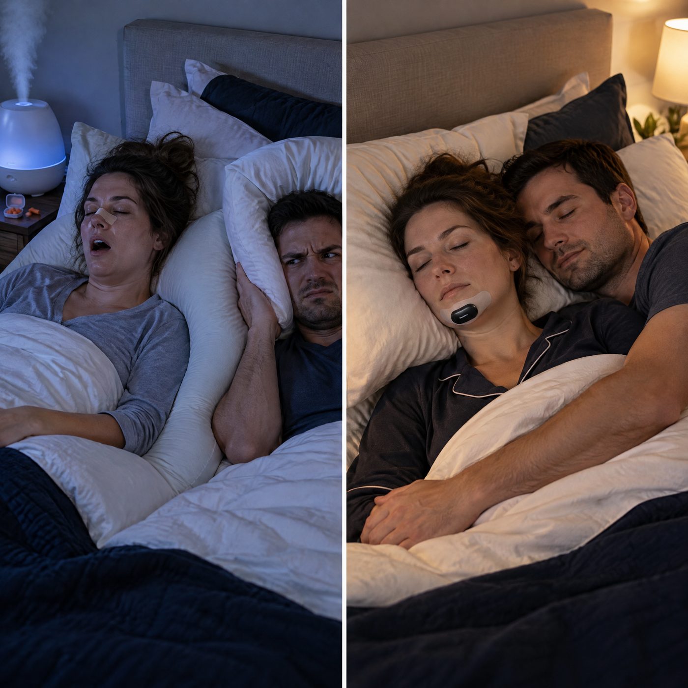 A new mom propped on pillows with a nasal strip while her partner covers his ears, next to the same couple sleeping peacefully with Breathease