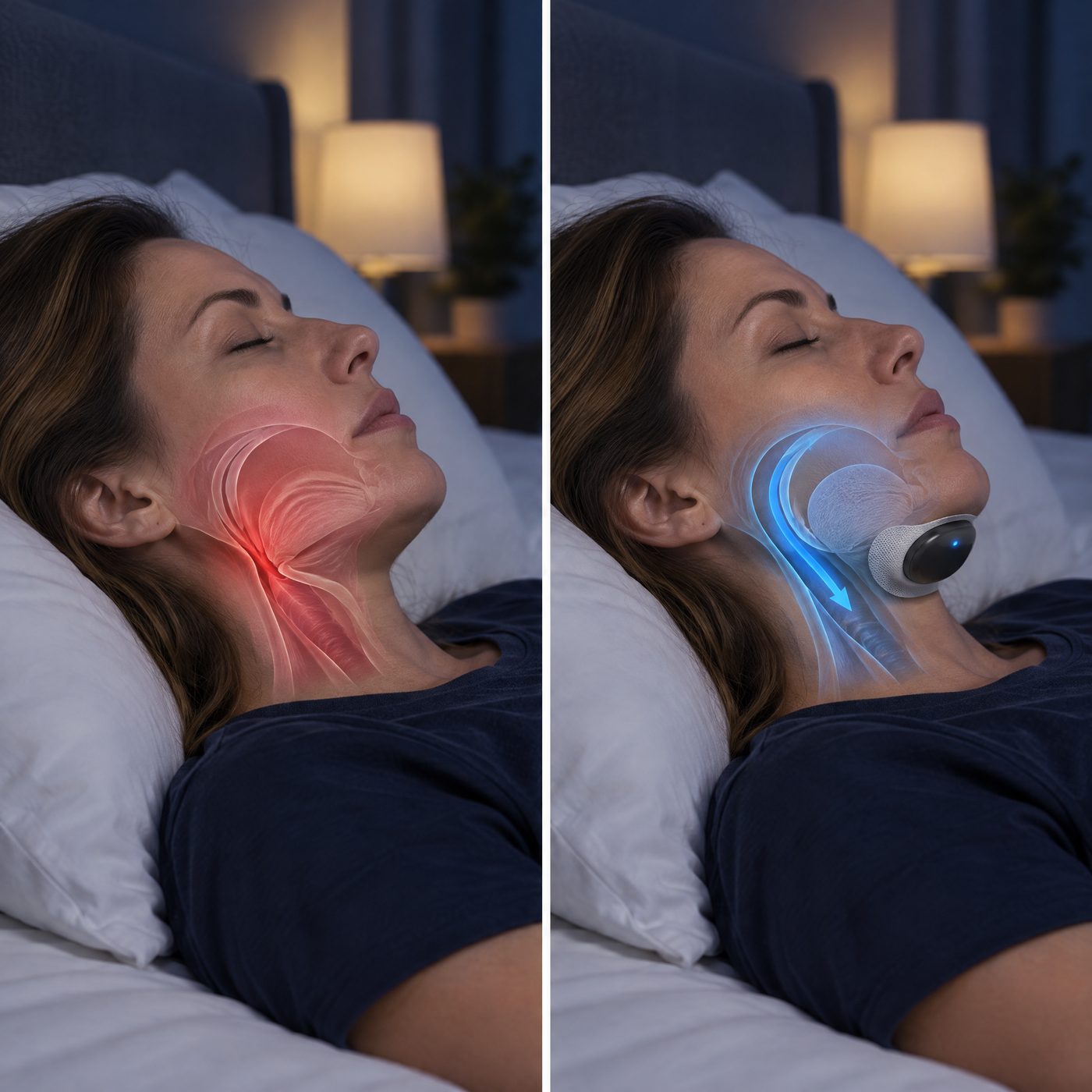 Relaxed throat muscles narrowing the airway compared with muscles supported by Breathease