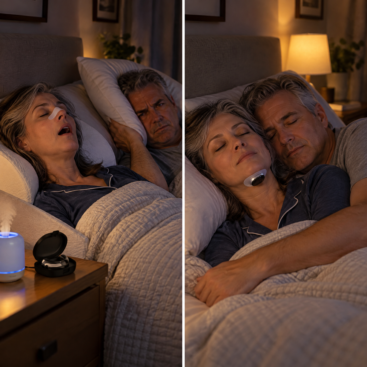 A woman in menopause propped on a wedge pillow with a nasal strip while her husband covers his ear, next to the same couple sleeping peacefully with Breathease