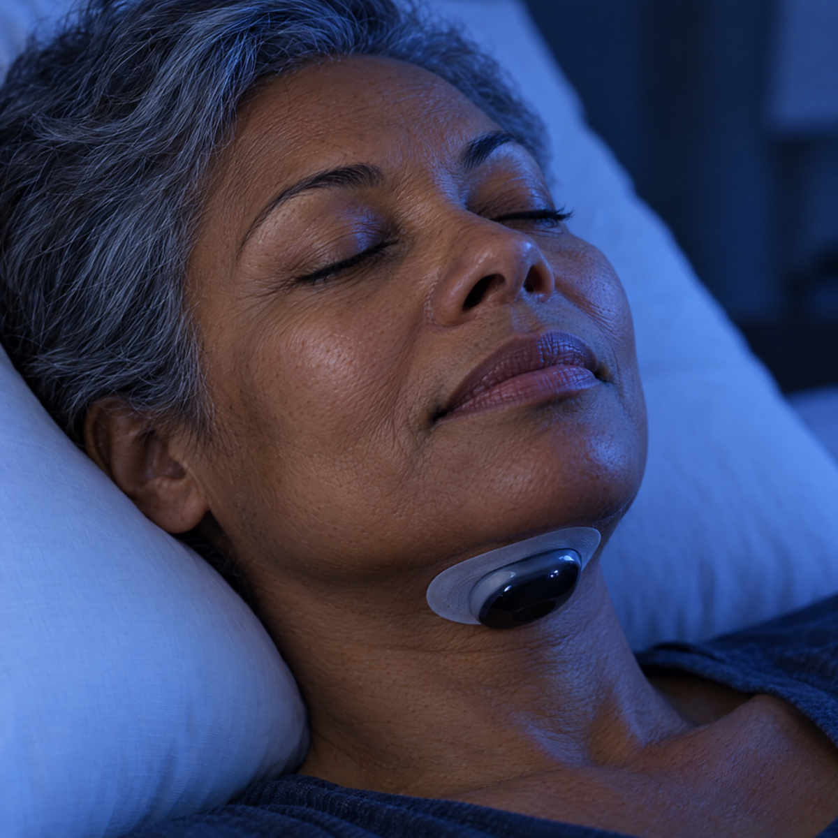 A woman in her fifties asleep wearing the Breathease device under her chin