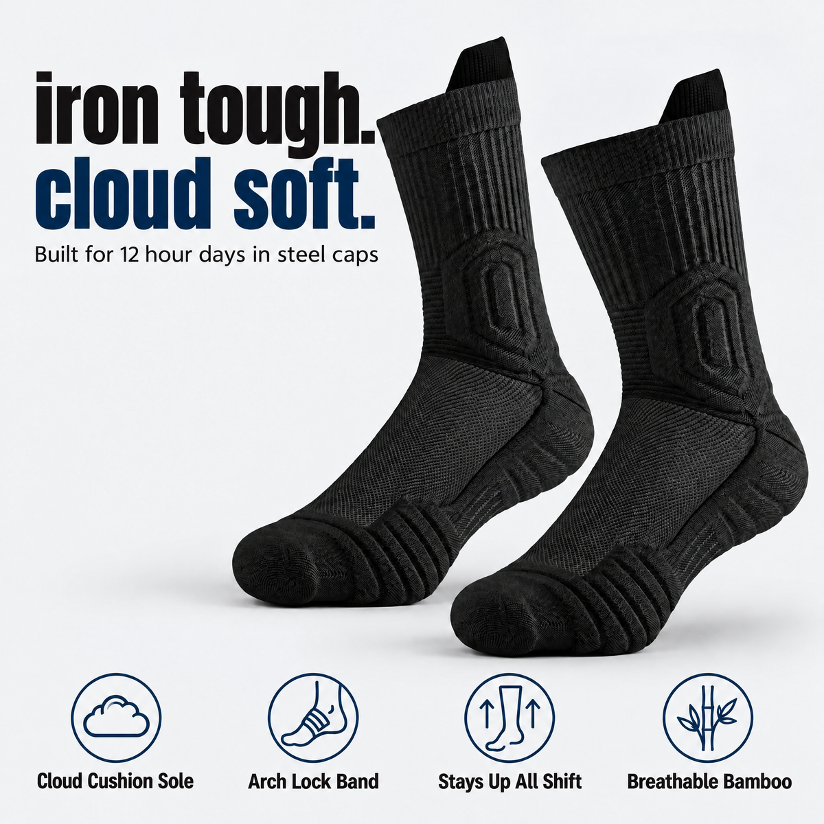 IronCloud Tradie Socks in black: iron tough, cloud soft