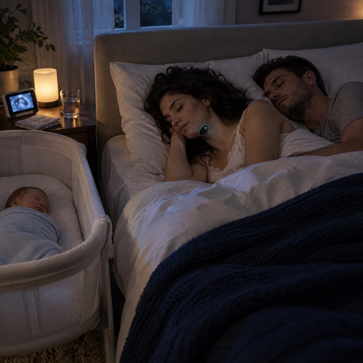 A mom sleeping with Breathease next to her partner and a bassinet