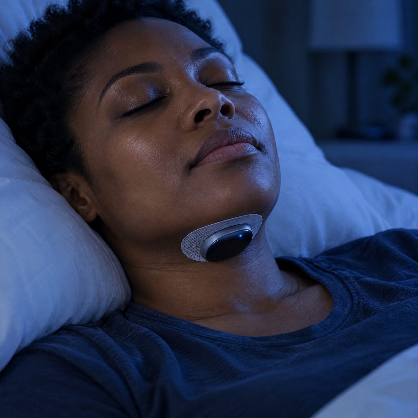 A woman asleep wearing the Breathease device under her chin